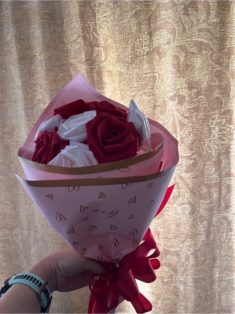Red and White Ribbon Rose Bouquet Wrapped with Pink Paper